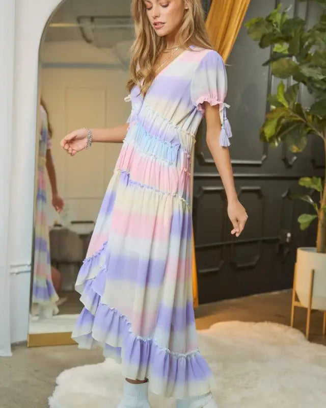 V-Neck Short Puff Sleeve Maxi Dress