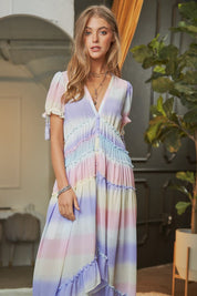 V-Neck Short Puff Sleeve Maxi Dress