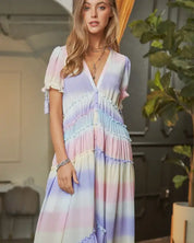 V-Neck Short Puff Sleeve Maxi Dress