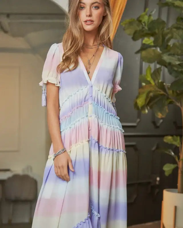 V-Neck Short Puff Sleeve Maxi Dress