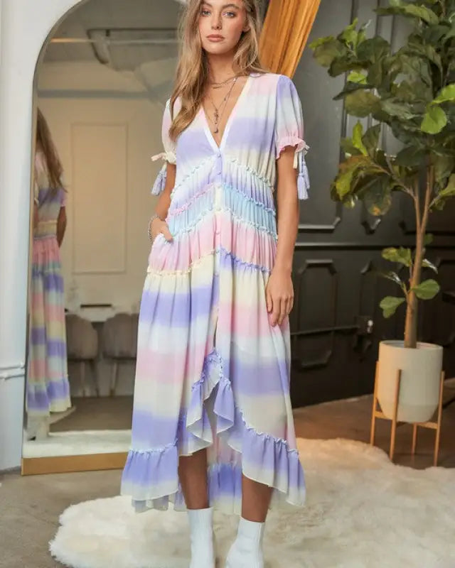 V-Neck Short Puff Sleeve Maxi Dress