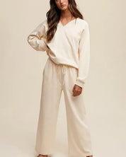 V-neck Sweatshirt and Pants Set - Cream / S