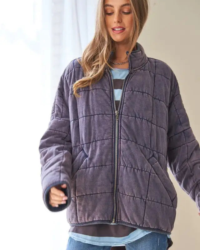 Washed Soft Comfy Quilting Zip Closure Jacket