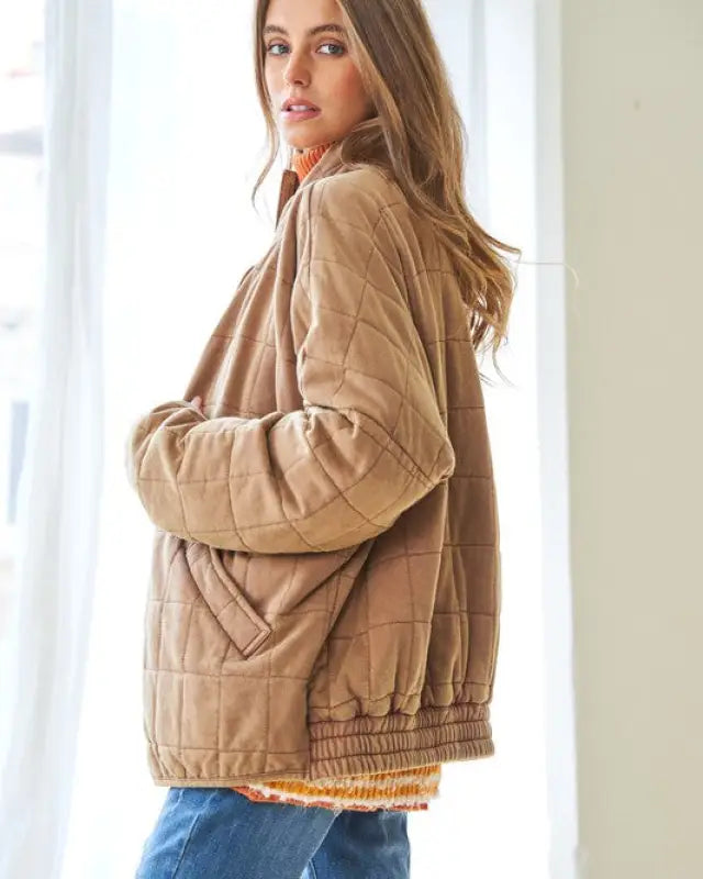 Washed Soft Comfy Quilting Zip Closure Jacket