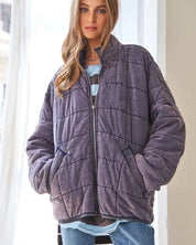 Washed Soft Comfy Quilting Zip Closure Jacket