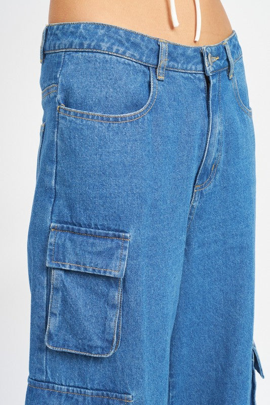 Wide Leg Denim Pants With Pockets