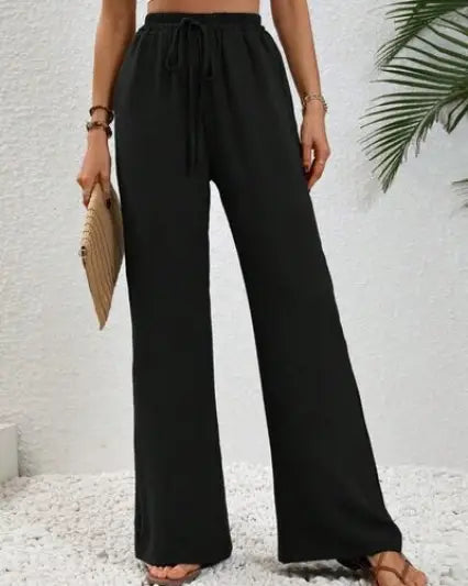 Wide Leg Drawstring Pants - Black / S