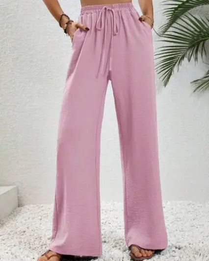 Wide Leg Drawstring Pants - Fuchsia Pink / S