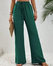 Wide Leg Drawstring Pants - Green / S