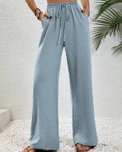 Wide Leg Drawstring Pants - Misty Blue / S