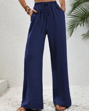 Wide Leg Drawstring Pants - Navy / S