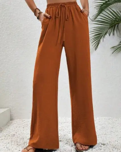 Wide Leg Drawstring Pants - Terracotta / S