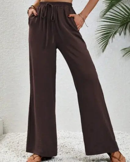 Wide Leg Drawstring Pants - Burnt Umber / S