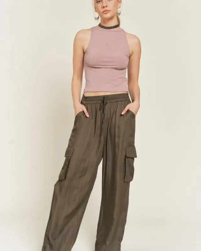 Wide Leg Satin Cargo Pants