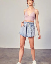 Wide Waistband Destroyed Frayed Denim Shorts