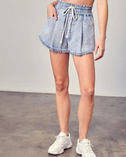 Wide Waistband Destroyed Frayed Denim Shorts