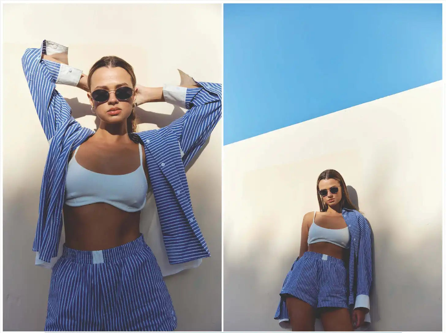 Woman in blue and white striped outfit.