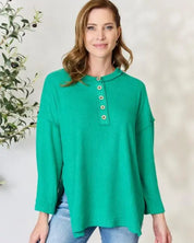 Zenana Full Size Ribbed Half Button Slit Knit Top - Kelly Green / S