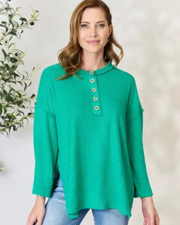 Zenana Full Size Ribbed Half Button Slit Knit Top - Kelly Green / S